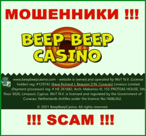 BeepBeepCasino - незаконно действующая контора, которая пустила корни в оффшоре по адресу Kaya Richard J. Beaujon Z/N, Curacao