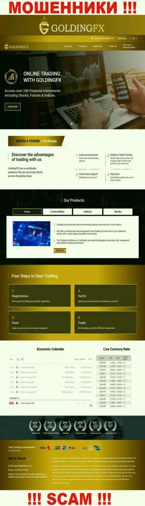 Официальный онлайн-сервис мошенников Golding FX, забитый инфой для наивных людей