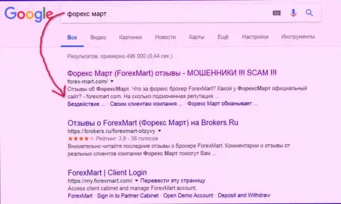 В Google картина еще более драматичная, мошенники из Форекс Март (их официальный веб-портал) на третьей строке