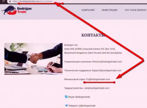 Официальный e-mail мошеннической инвестиционной ФОРЕКС конторы BudriganTrade, с которого и поступали угрозы физической расправы